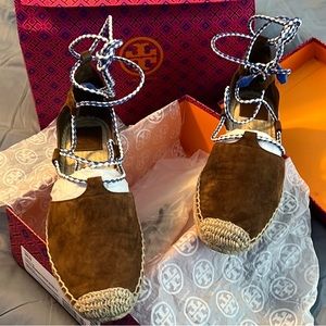 Tory Burch brown suede espadrilles wrap around tie. Worn once.
